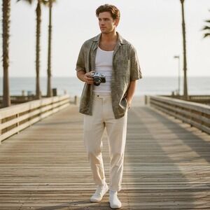 Vintage 00s Muted Sage Tropical Button Down - Large costal vacation resort